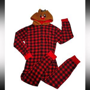 NWOT PJ’s & Presents One Piece Pajama Reindeer Red Buffalo Plaid Adult Size M/L